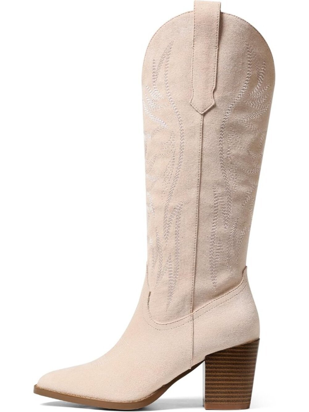 Women's Pointed Toe Knee High Cowgirl Boots Nude Pink Wide Calf Embroidered Boot